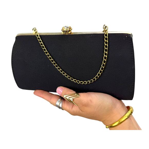 1950's gold crystal rose kiss lock chain strap black mini purse - Picture 2 of 5